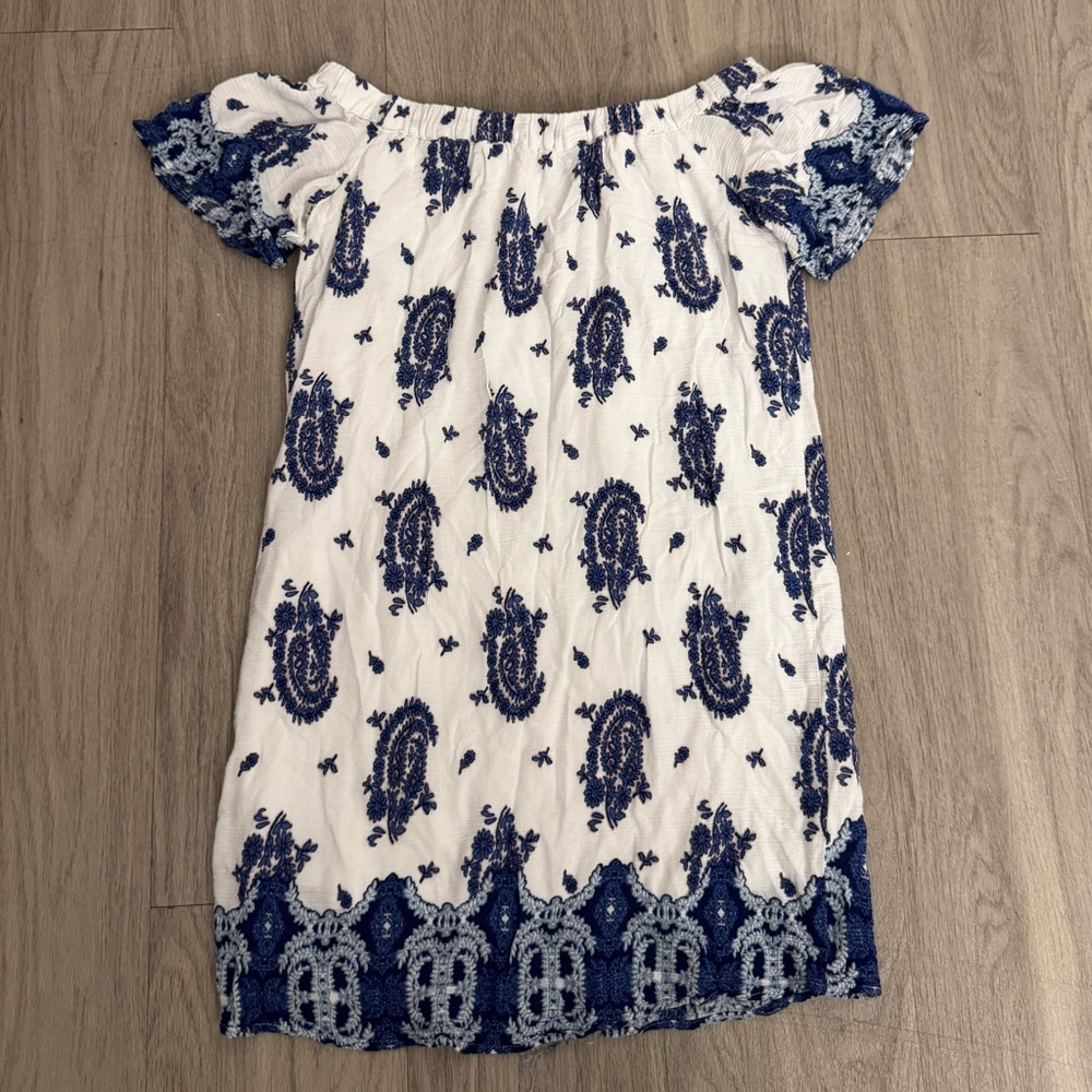 Blue and White Paisley Off-Shoulder Dress